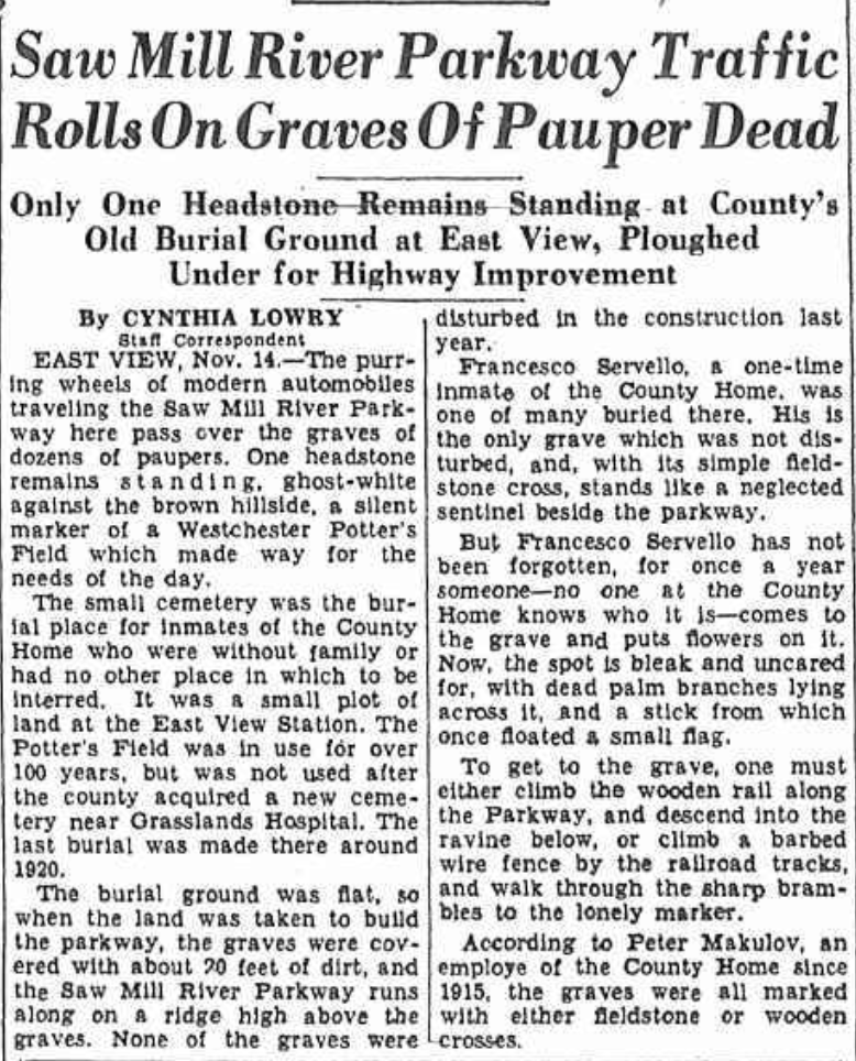 Saw Mill River parkway Traffic Rolls on Graves of Pauper Dead