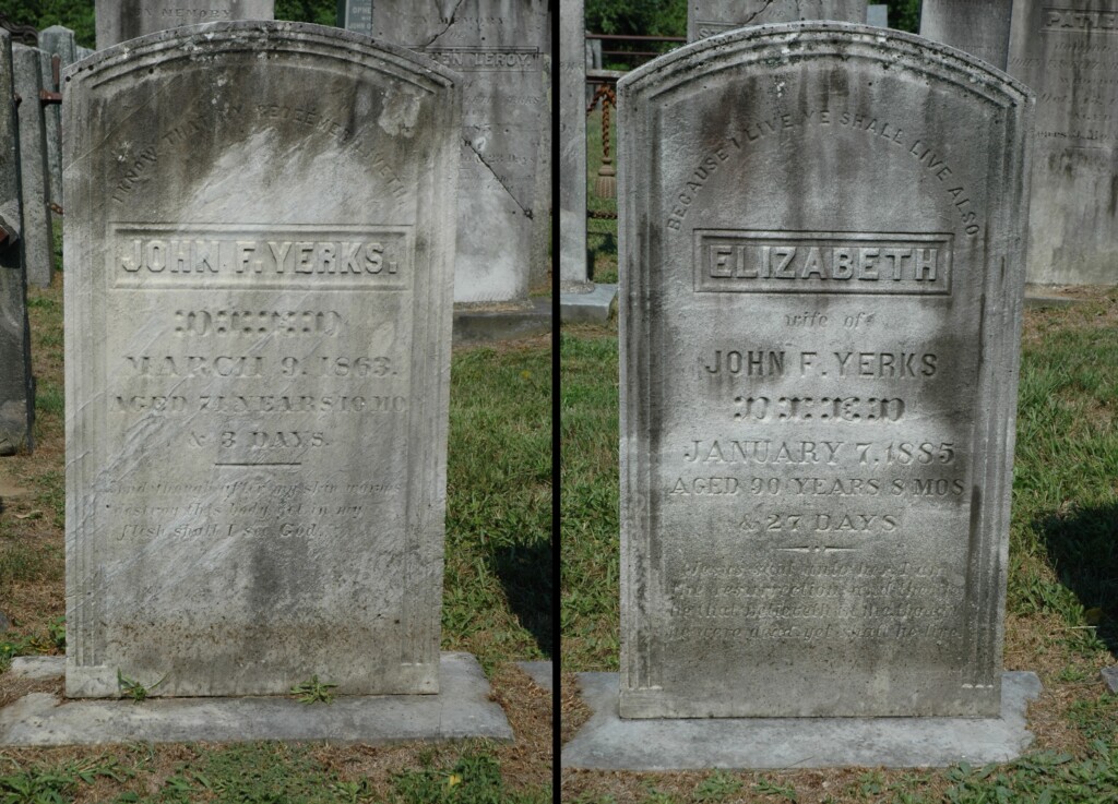 The headstone of John F Yerks and his wife, Elizabeth (Betsey) Clark